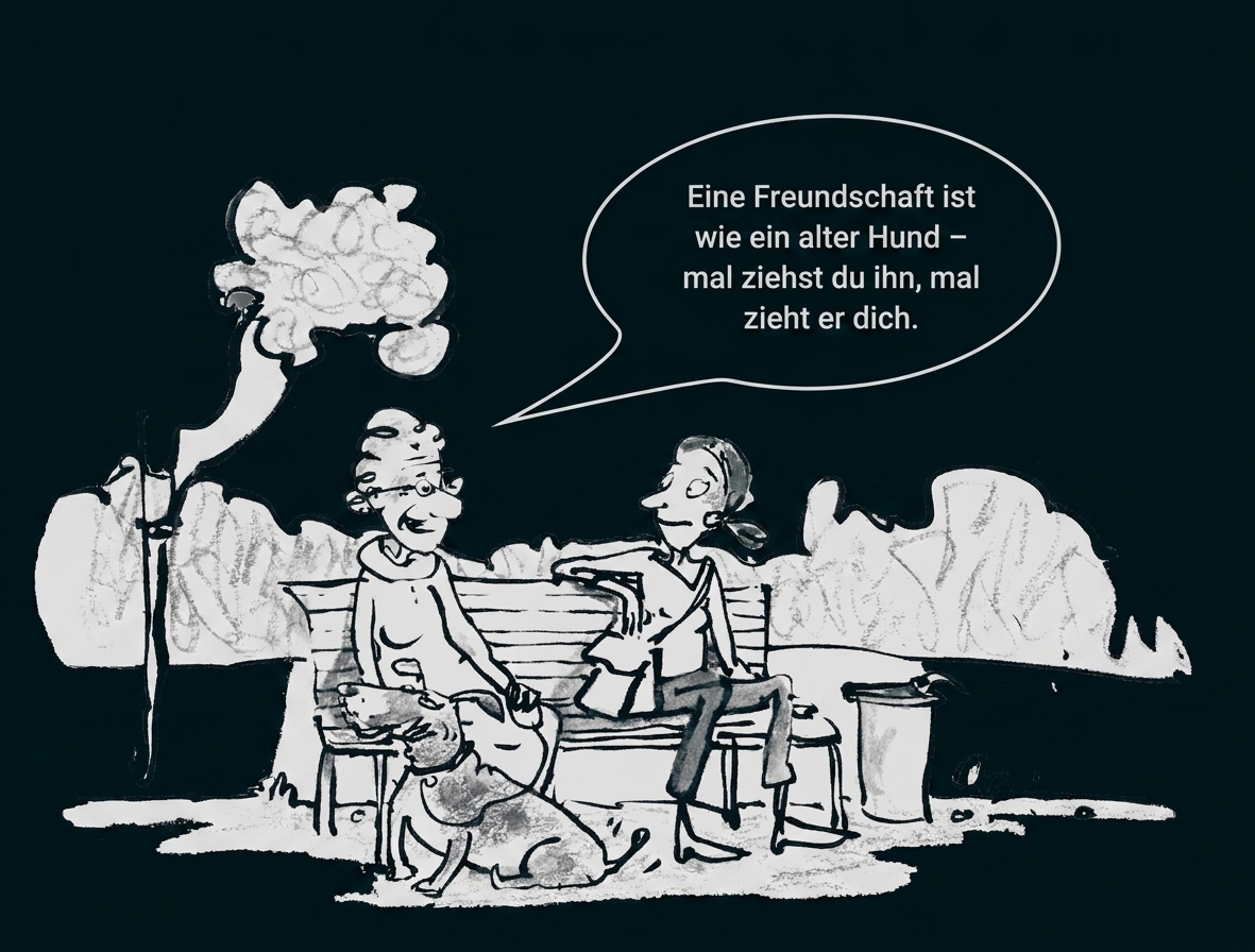 Zwei Personen sitzen auf einer Bank mit Hund, Sprechblase im Park.